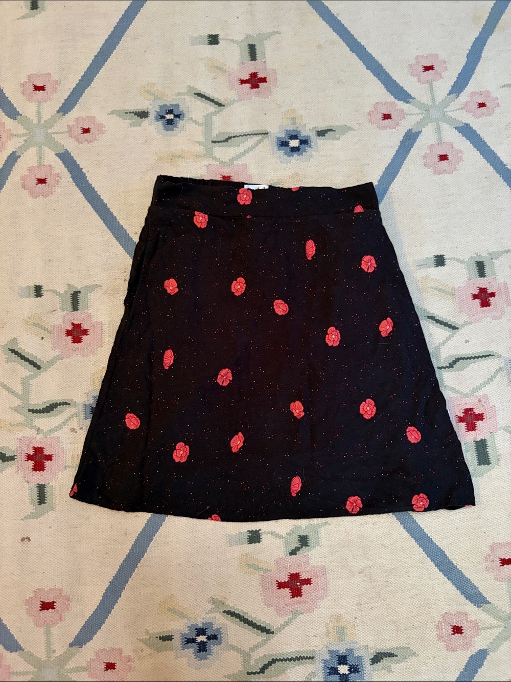 Rachel Black A-Line Skirt with Red Rose Embroidery